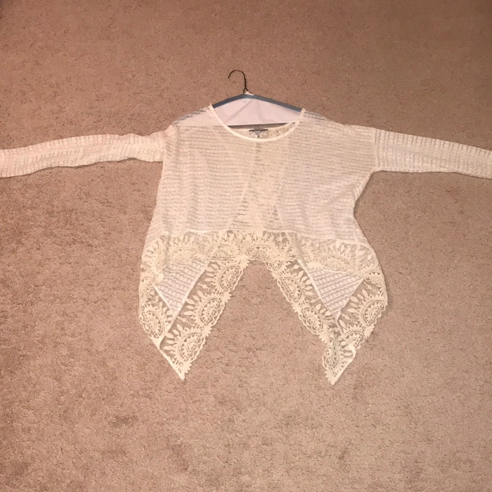 cream sweater with lace trim